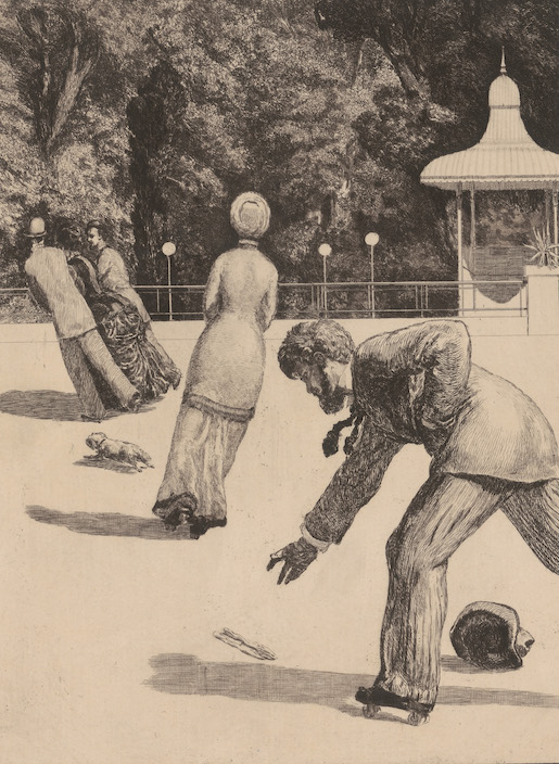 Bild: Max Klinger (1857–1920), Handlung, Blatt aus «Paraphrase über den Fund eines Handschuhes», 1882, Radierung, 55.7 × 39.8 cm, Inv.-Nr. D 1869.3. Graphische Sammlung ETH Zürich